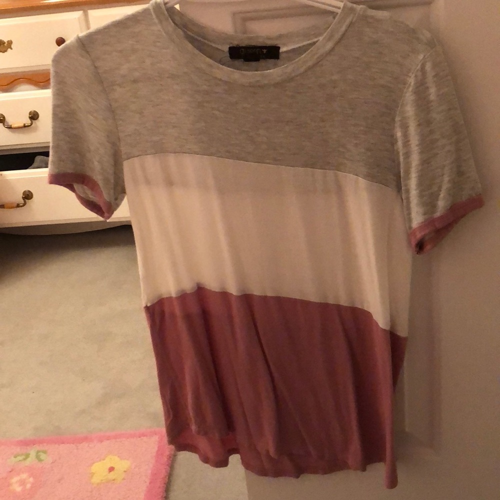 Pink, Gray, and White striped thin shirt.